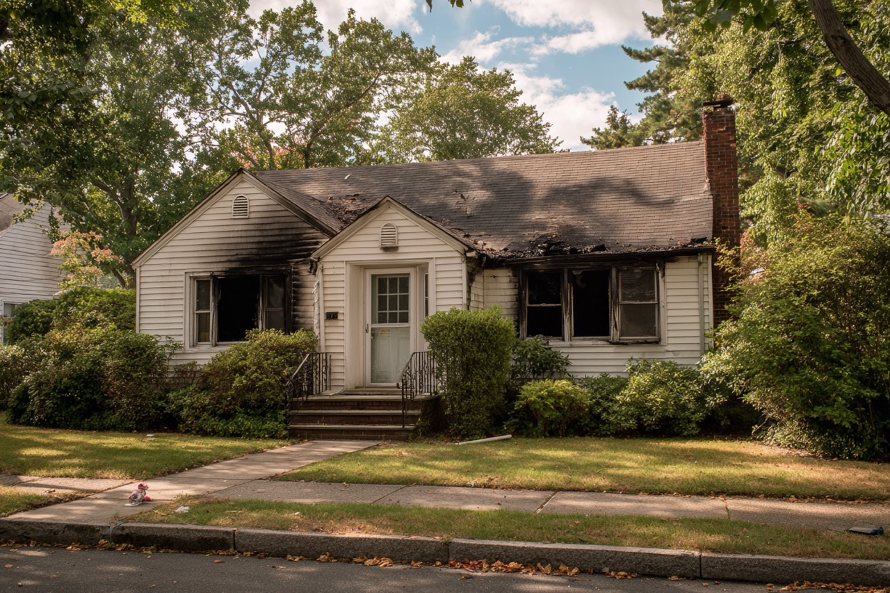 Fire damaged home for sale Long Island NY neighborhood