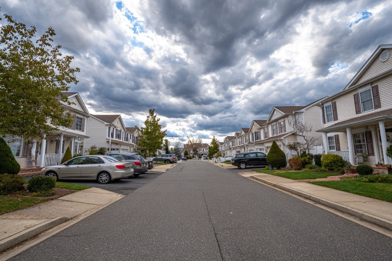 Typical residential street in Long Island New York with homes for sale